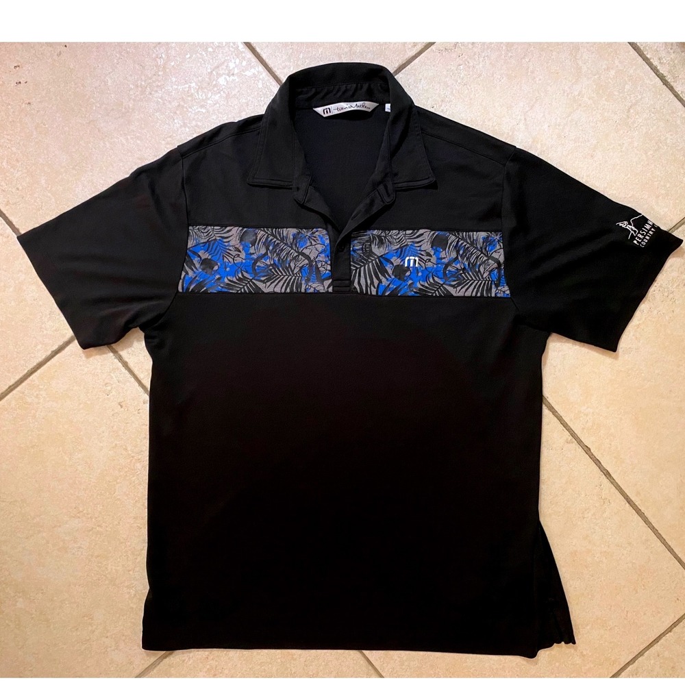TravisMathew Mens Black Tropical Stripe Golf Polo Shirt Persimmon CC Logo Large - Picture 2 of 6
